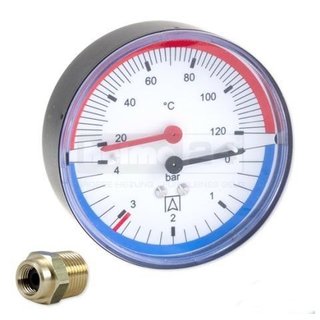 Thermo Manometer d 80mm, Anschluss hinten 1/2, 0-4 bar, 20 - 120, mit Ventil