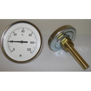 Bimetall Zeigerthermometer 1/2 d80mm, 0-120, waagr. Tauchschaft 100mm